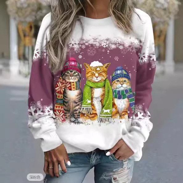Cross-border Women's Christmas New Snowman And Cat Printed Long Sleeve Casual Loose-fitting T-shirt Christmas Supplies - Image 6