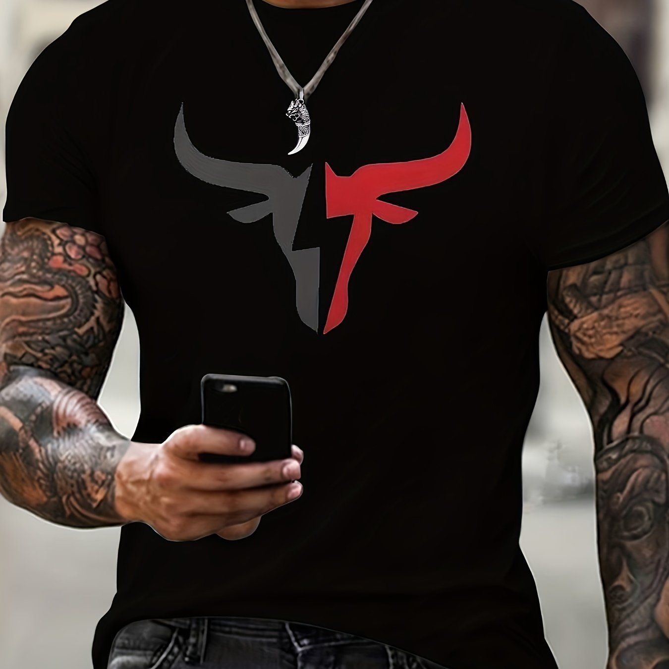 Men's Bull Pattern Printed T-shirt, Casual Short Sleeve Round Neck T-shirt, Summer Outdoor Men's Wear - Image 5