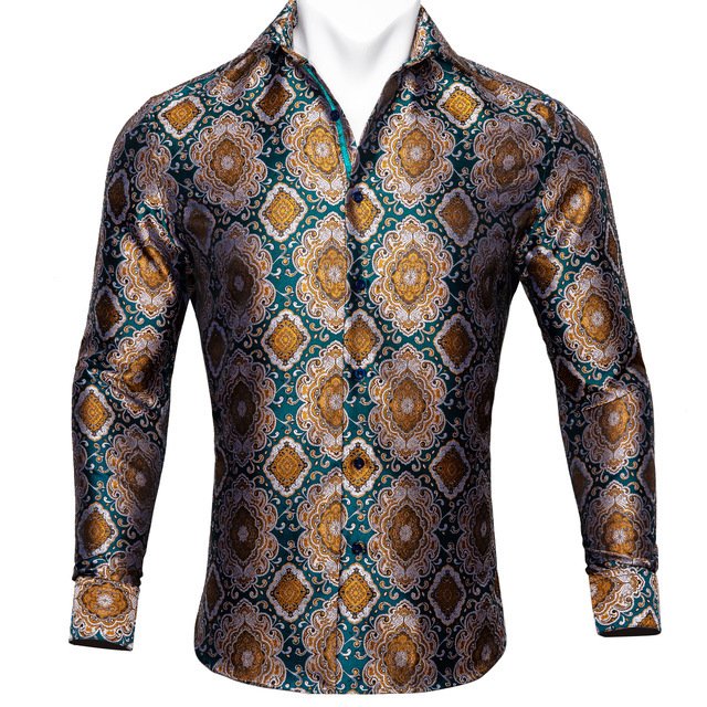Barry.Wang Teal Paisley Floral Silk Shirts Men Autumn Long Sleeve Casual Flower Shirts For Men Designer Fit Dress Shirt BCY-05 - Image 2