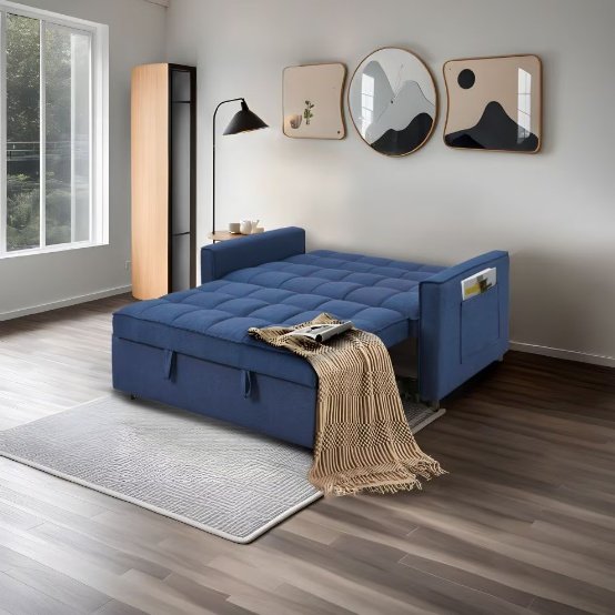 Stylish Blue Pull-Out Sofa Bed With Woven Polyester Fabric & Solid Wood Frame - Image 3