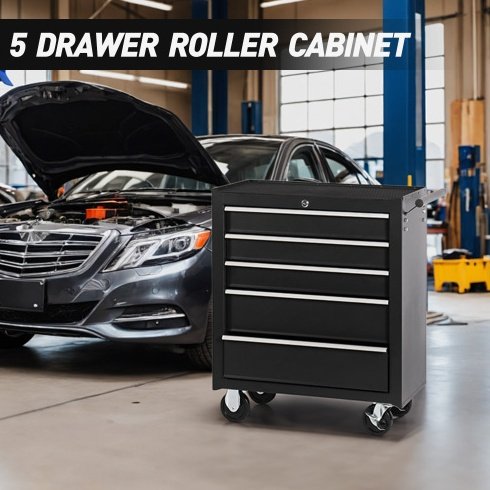 5-Drawer Rolling Tool Chest W Lock Key, Tool Storage Cabinet With Wheels, Top Cushion & Drawer Liners, Tool Organizer Box For Garage, Warehouse Repair Shop
