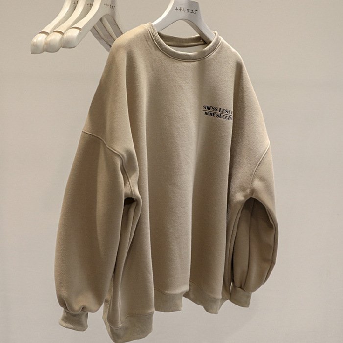 Fleece-lined Thick Lazy Round Neck Loose Sweatshirt Women - Image 9