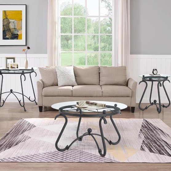 2 Piece Tempered Glass Finished Coffee Table Set With Decorative Coffee Table Round End Side Table - Image 2