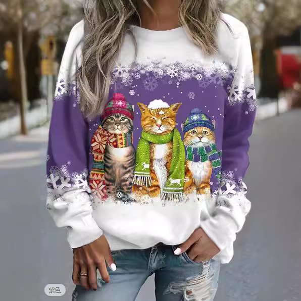 Cross-border Women's Christmas New Snowman And Cat Printed Long Sleeve Casual Loose-fitting T-shirt Christmas Supplies - Image 7