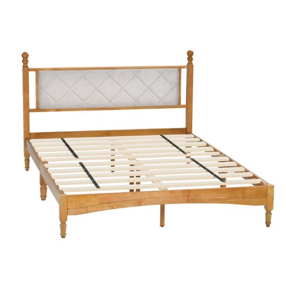 Wooden Bed Frame With Upholstered Headboard In Fabric, Solid Rubberwood With Wooden Central Support - Image 5
