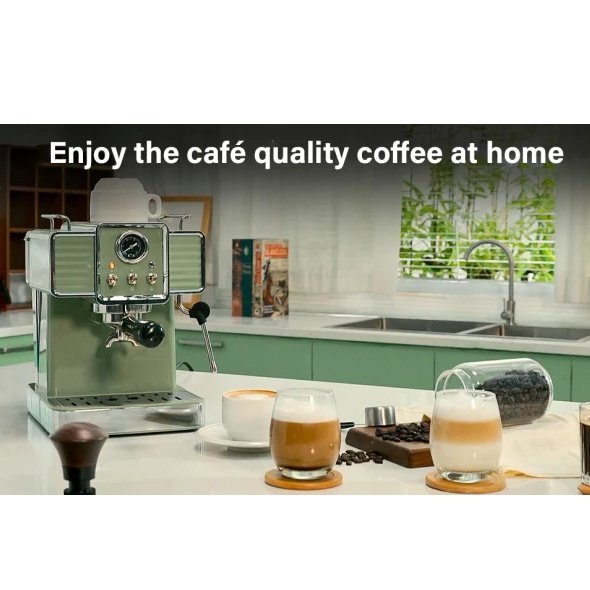 15 Bar Espresso Coffee Machine With Milk Frother Steam Wand, 1350W Professional Coffee Maker, 54 Oz Removable Water Tank Espresso Maker Cappuccino, Latte, Machiato, Green, For Home Barista - Image 3