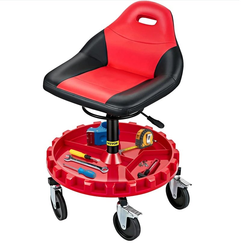 Rolling Garage Stool, 300LBS Capacity, 18-23 Adjustable Height Range, Mechanic Seat With Swivel Casters And Tool Tray, For Workshop, Auto Repair Shop, Red - Image 6