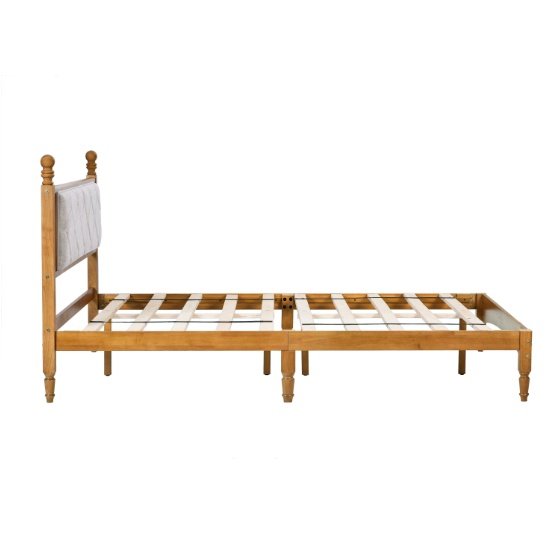 Wooden Bed Frame With Upholstered Headboard In Fabric, Solid Rubberwood With Wooden Central Support - Image 3