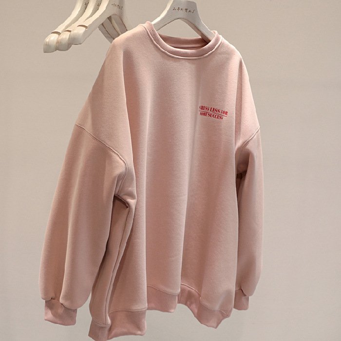 Fleece-lined Thick Lazy Round Neck Loose Sweatshirt Women - Image 3