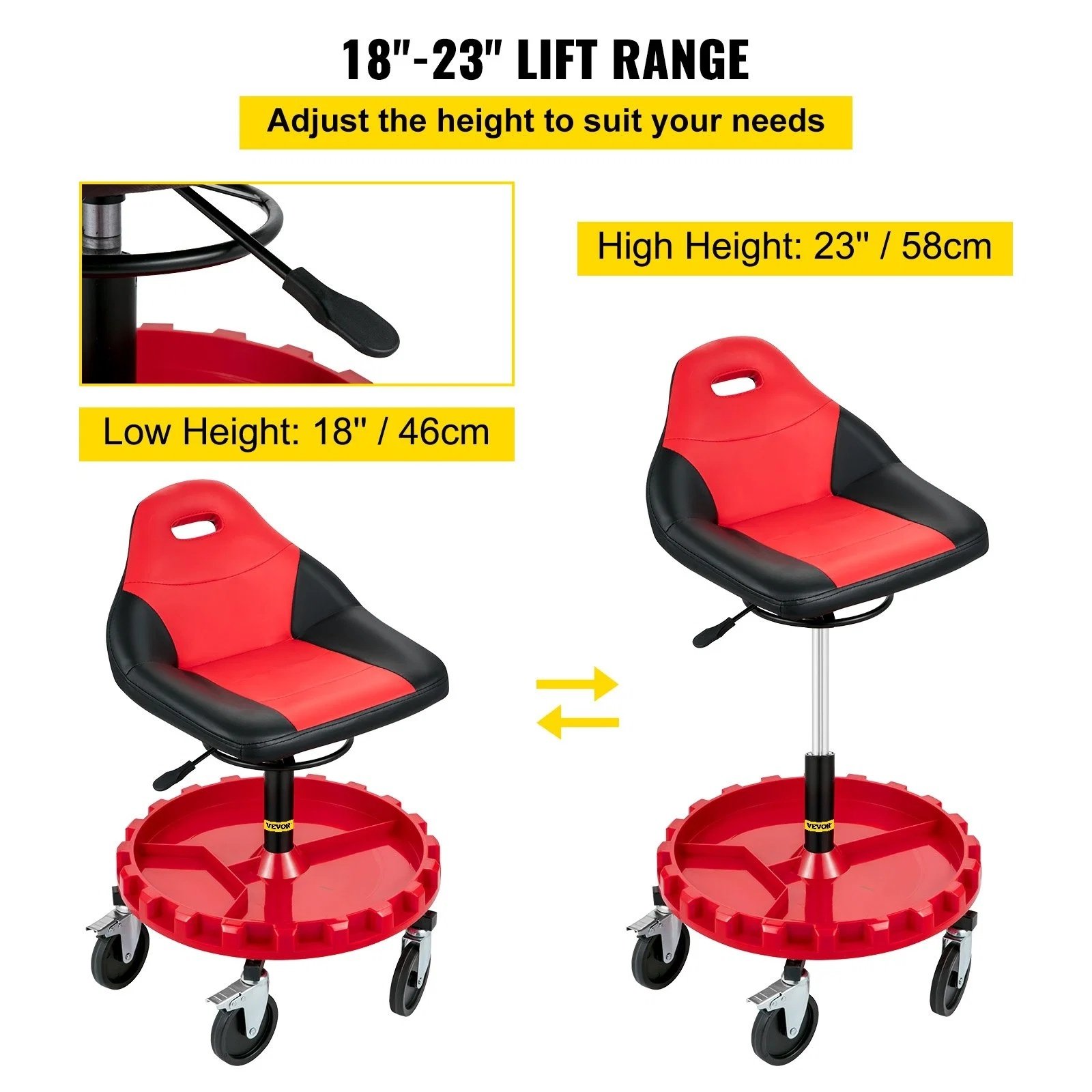 Rolling Garage Stool, 300LBS Capacity, 18-23 Adjustable Height Range, Mechanic Seat With Swivel Casters And Tool Tray, For Workshop, Auto Repair Shop, Red - Image 2