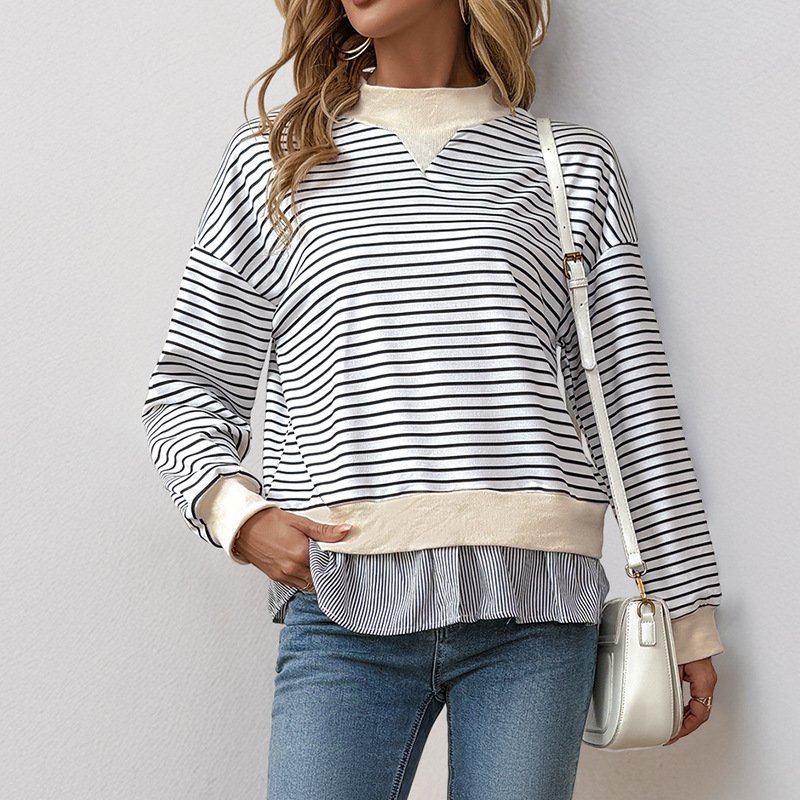 Women's Long-sleeved T-shirt Round Neck Striped Stitching - Image 5