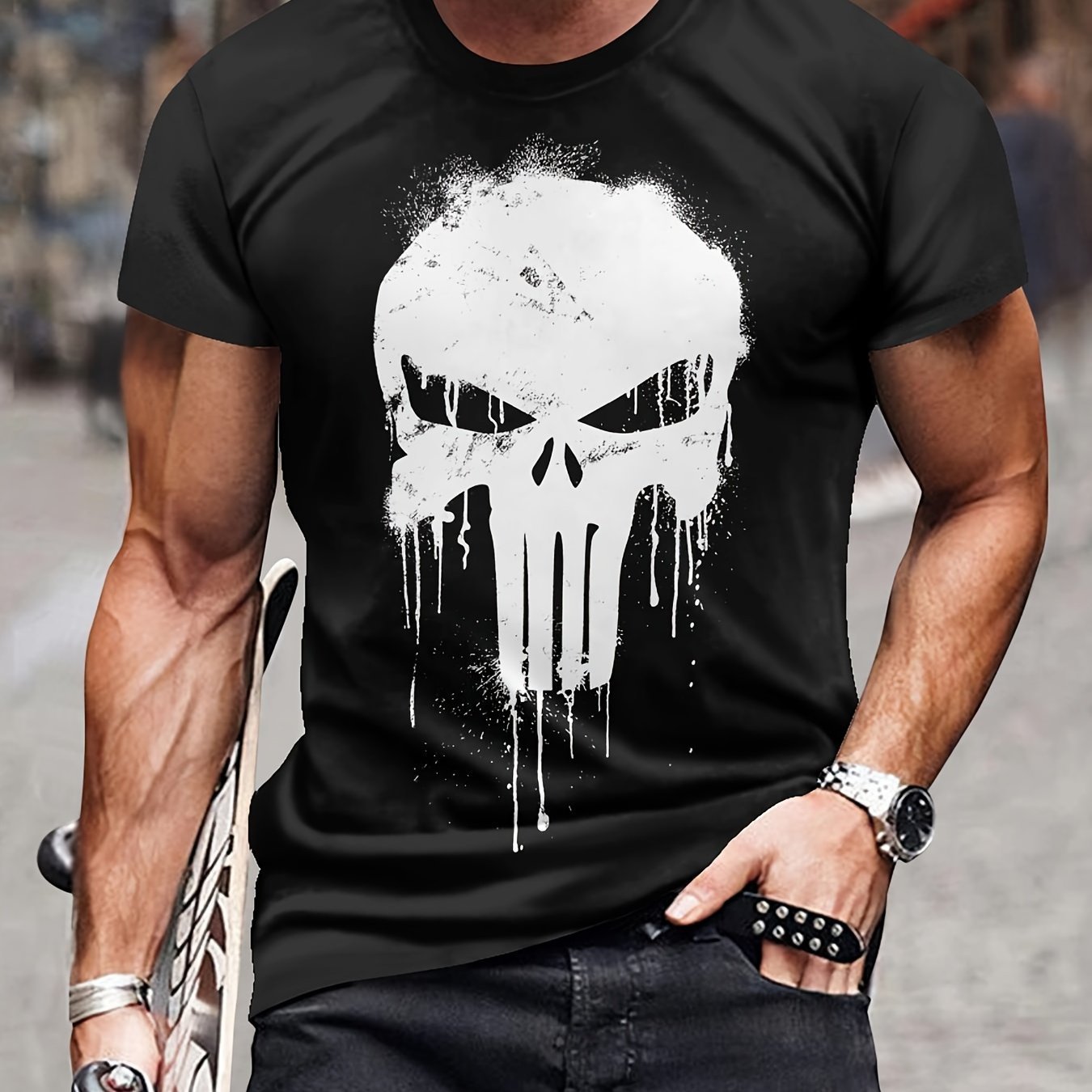 Men's Skull Print T-shirt, Casual Short Sleeved Round Neck T-shirt, Outdoor Men's Clothing - Image 2