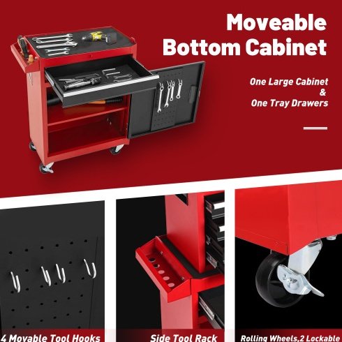 Tool Chest, 5-Drawer Rolling Tool Storage Cabinet With Detachable Top Tool Box, Liner, Universal Lockable Wheels, Adjustable Shelf, Locking Mechanism, Metal Tool Cart For Garage Workshop - Image 6