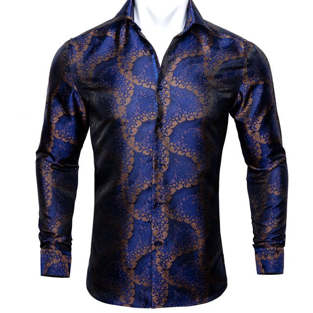 Barry.Wang Teal Paisley Floral Silk Shirts Men Autumn Long Sleeve Casual Flower Shirts For Men Designer Fit Dress Shirt BCY-05 - Image 3