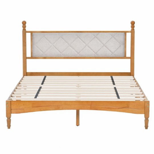 Wooden Bed Frame With Upholstered Headboard In Fabric, Solid Rubberwood With Wooden Central Support - Image 4