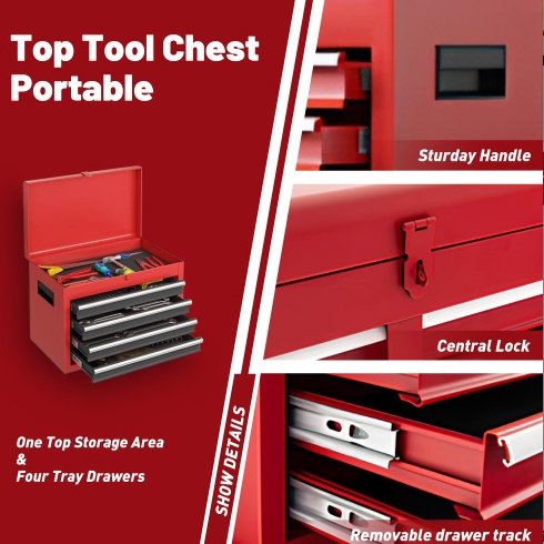 Tool Chest, 5-Drawer Rolling Tool Storage Cabinet With Detachable Top Tool Box, Liner, Universal Lockable Wheels, Adjustable Shelf, Locking Mechanism, Metal Tool Cart For Garage Workshop - Image 4