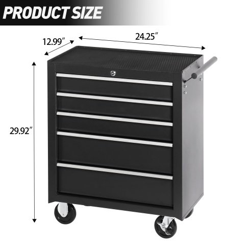 5-Drawer Rolling Tool Chest W Lock Key, Tool Storage Cabinet With Wheels, Top Cushion & Drawer Liners, Tool Organizer Box For Garage, Warehouse Repair Shop - Image 3