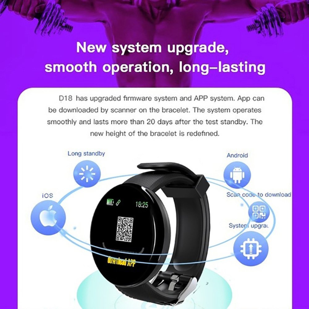 D18 Bluetooth Smart Watch, Men Women Blood Pressure Heart Rate Monitor Smart Watch, Pedometer Sport Tracker Smart Band For Android IOS - Image 4
