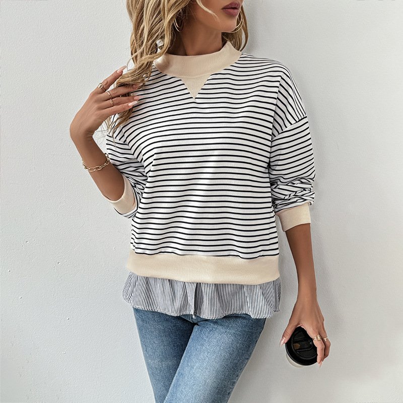 Women's Long-sleeved T-shirt Round Neck Striped Stitching - Image 3
