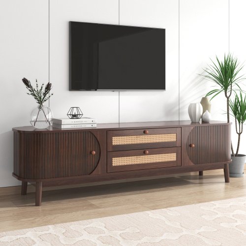 Rattan TV Stand For TVs Up To 75'', Modern Farmhouse Media Console, Entertainment Center With Solid Wood Legs, TV Cabinet For Living Room,Home Theatre - Image 9