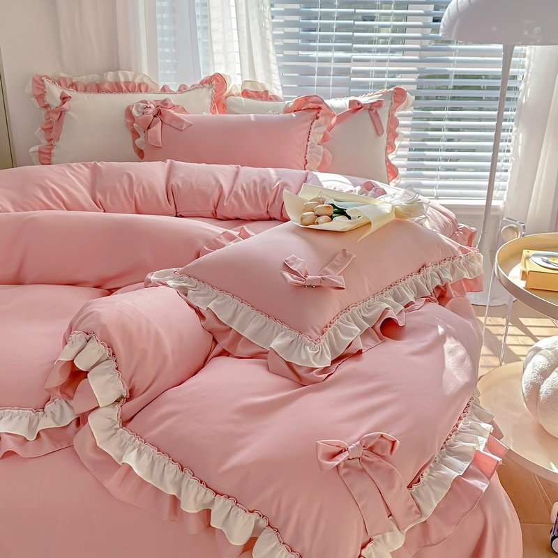 Solid Color Lace Bedsheet And Duvet Cover - Image 6
