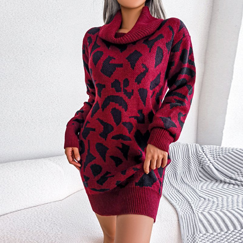 Leopard Print Long Sleeve Bottoming Sweater Dress - Image 5
