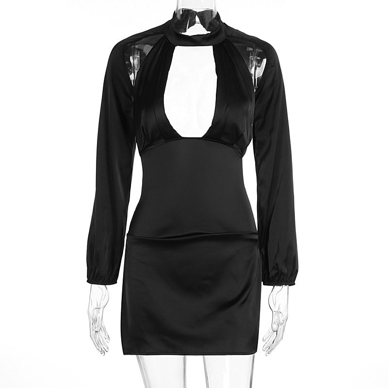 Solid Color Hollow-out Lantern Long Sleeve Dress - Image 7