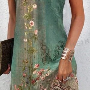 Women's Summer Holiday Floral Print Sleeveless V-Neck Loose Dress With Slit
