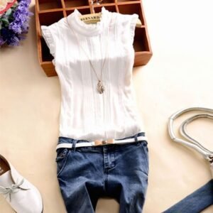 Ladies Chiffon Shirt With Stand-up Collar And Wood Ears, Mesh Slim Slimming Shirt T-shirt