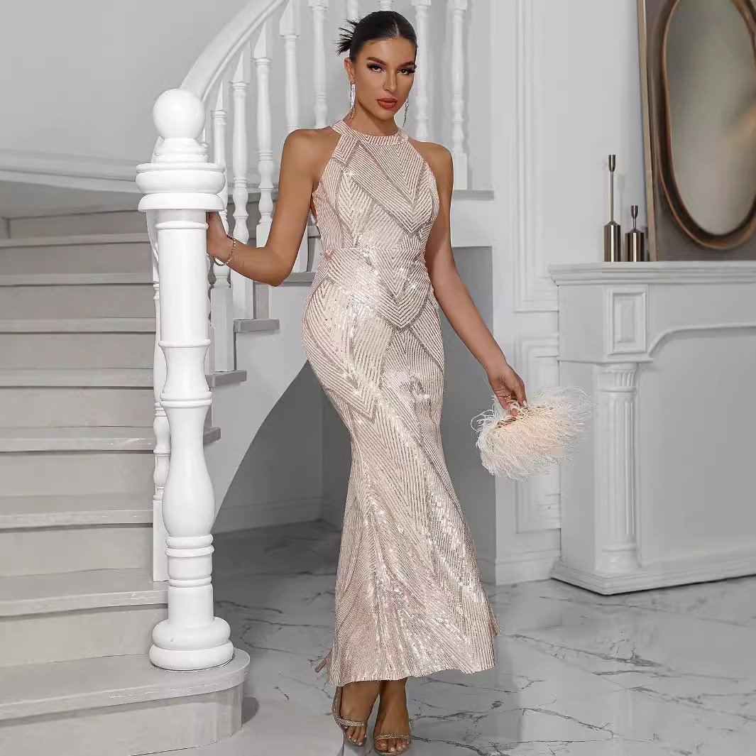 European And American Style Sexy Women's Wear Sequins Dress Round Neck Off-shoulder Backless - Image 4