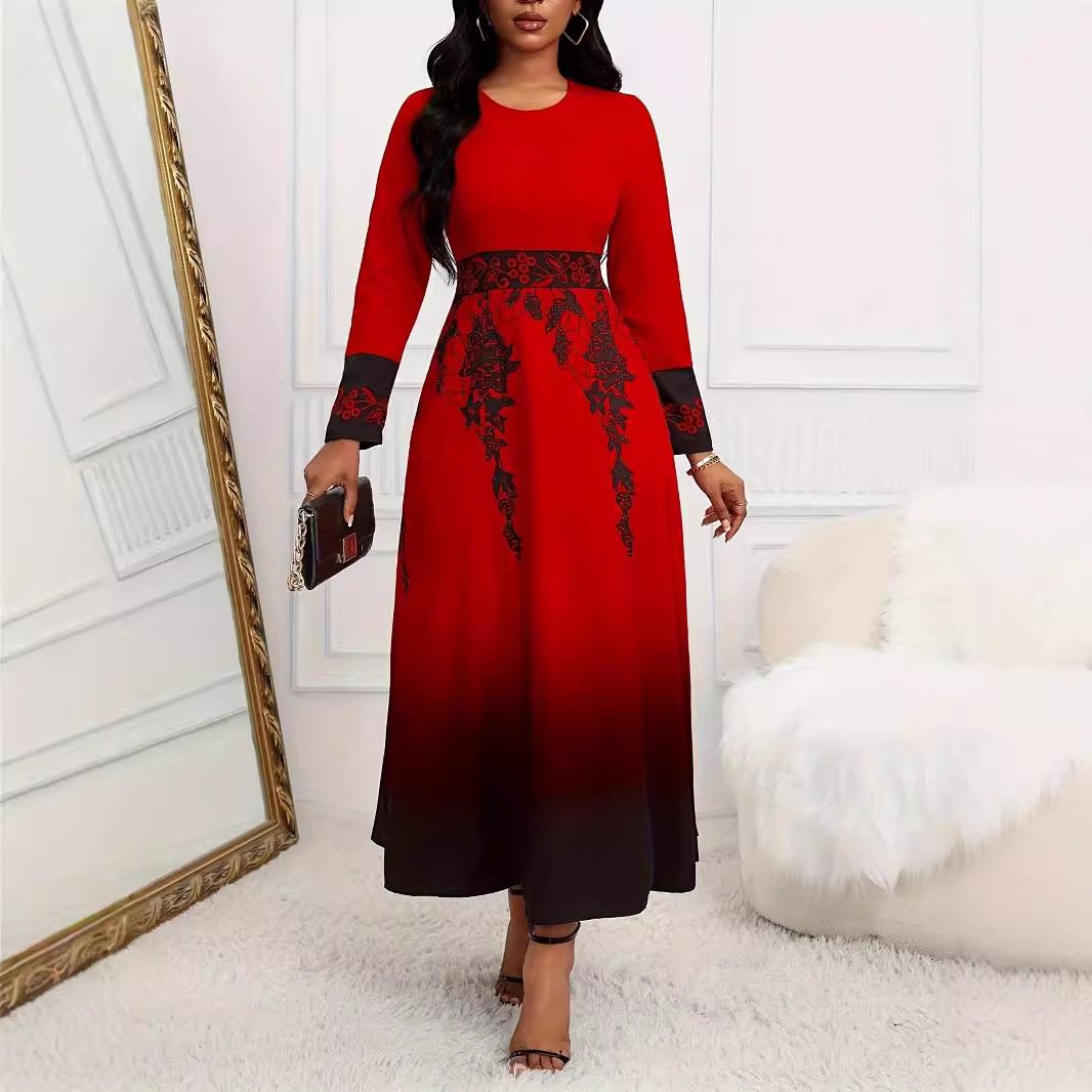 Women's Long Sleeve High Waist Print Gradient Large Swing Dress - Image 8
