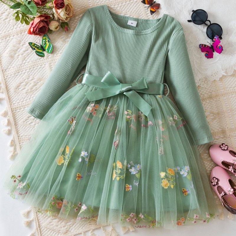 Flower Embroidery Mesh Princess Dress Girl Christmas Show Dress