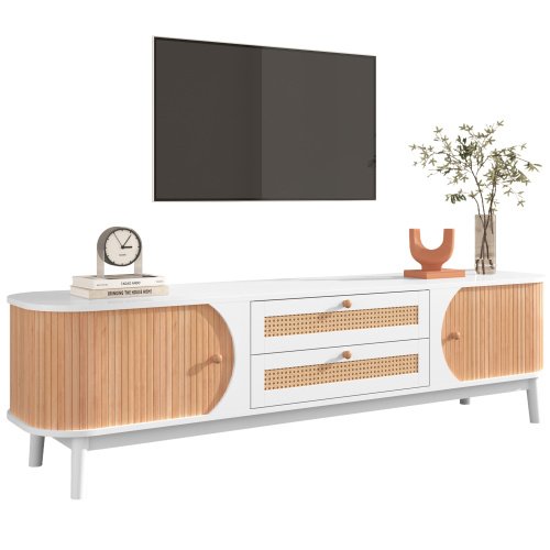 Rattan TV Stand For TVs Up To 75'', Modern Farmhouse Media Console, Entertainment Center With Solid Wood Legs, TV Cabinet For Living Room,Home Theatre - Image 9
