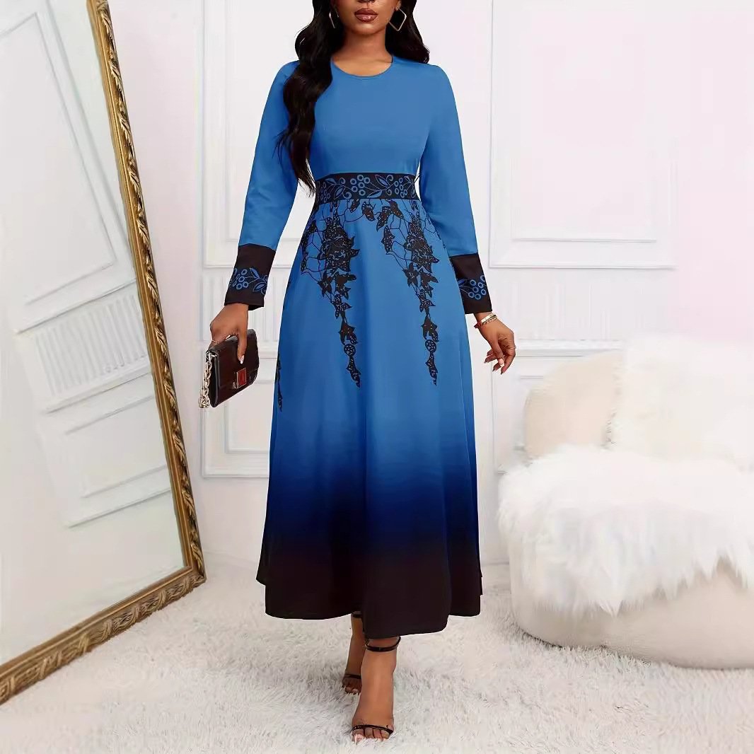 Women's Long Sleeve High Waist Print Gradient Large Swing Dress - Image 2