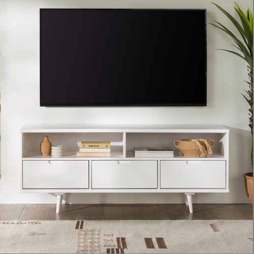 Mid-Century Modern 3-Drawer Solid Wood TV Stand For TVs Up To White - Image 6