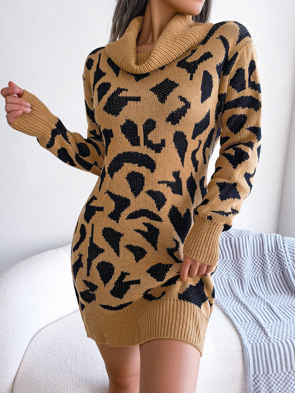 Leopard Print Long Sleeve Bottoming Sweater Dress - Image 3