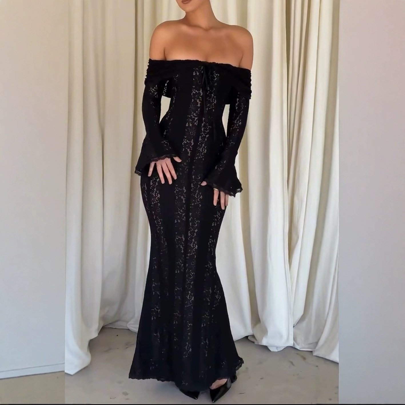 Off-shoulder Collar Dress Off-the-shoulder Flared Sleeves - Image 2