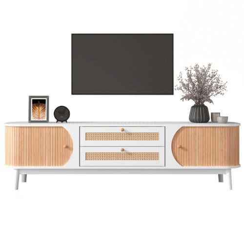 Rattan TV Stand For TVs Up To 75'', Modern Farmhouse Media Console, Entertainment Center With Solid Wood Legs, TV Cabinet For Living Room,Home Theatre - Image 8