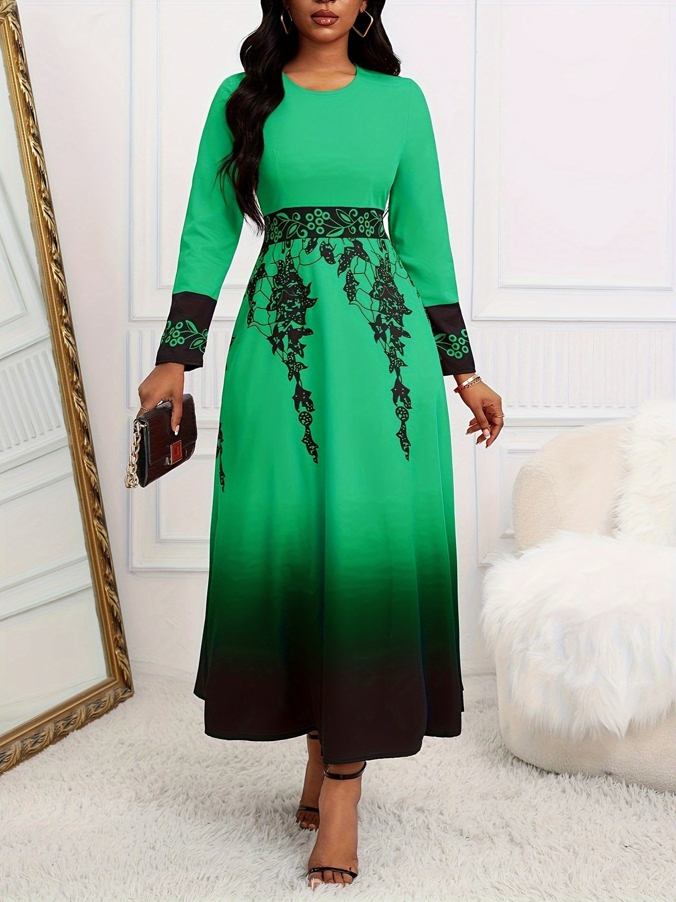 Women's Long Sleeve High Waist Print Gradient Large Swing Dress - Image 3