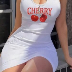 Cherry Pattern V-Neck Sleeveless Fitted Mini Dress For Women, Casual & Minimalist Style, Summer