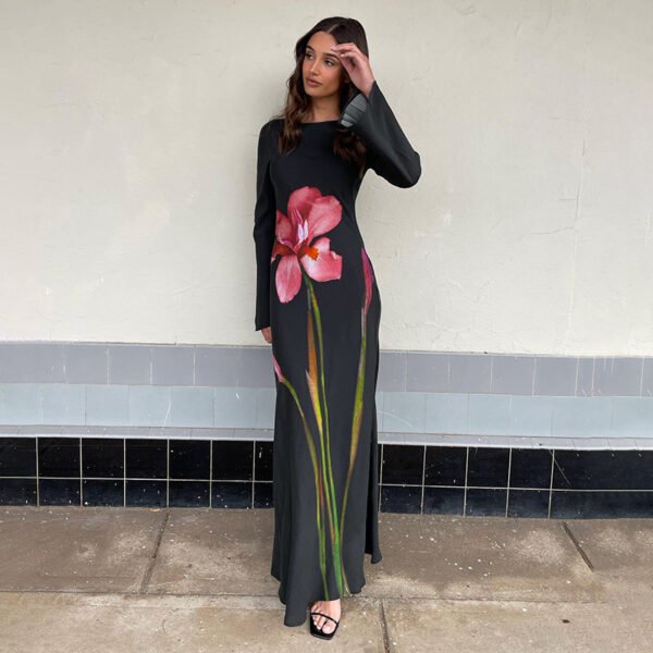 Holiday Floral Print Long Sleeve Dress Women's Clothing