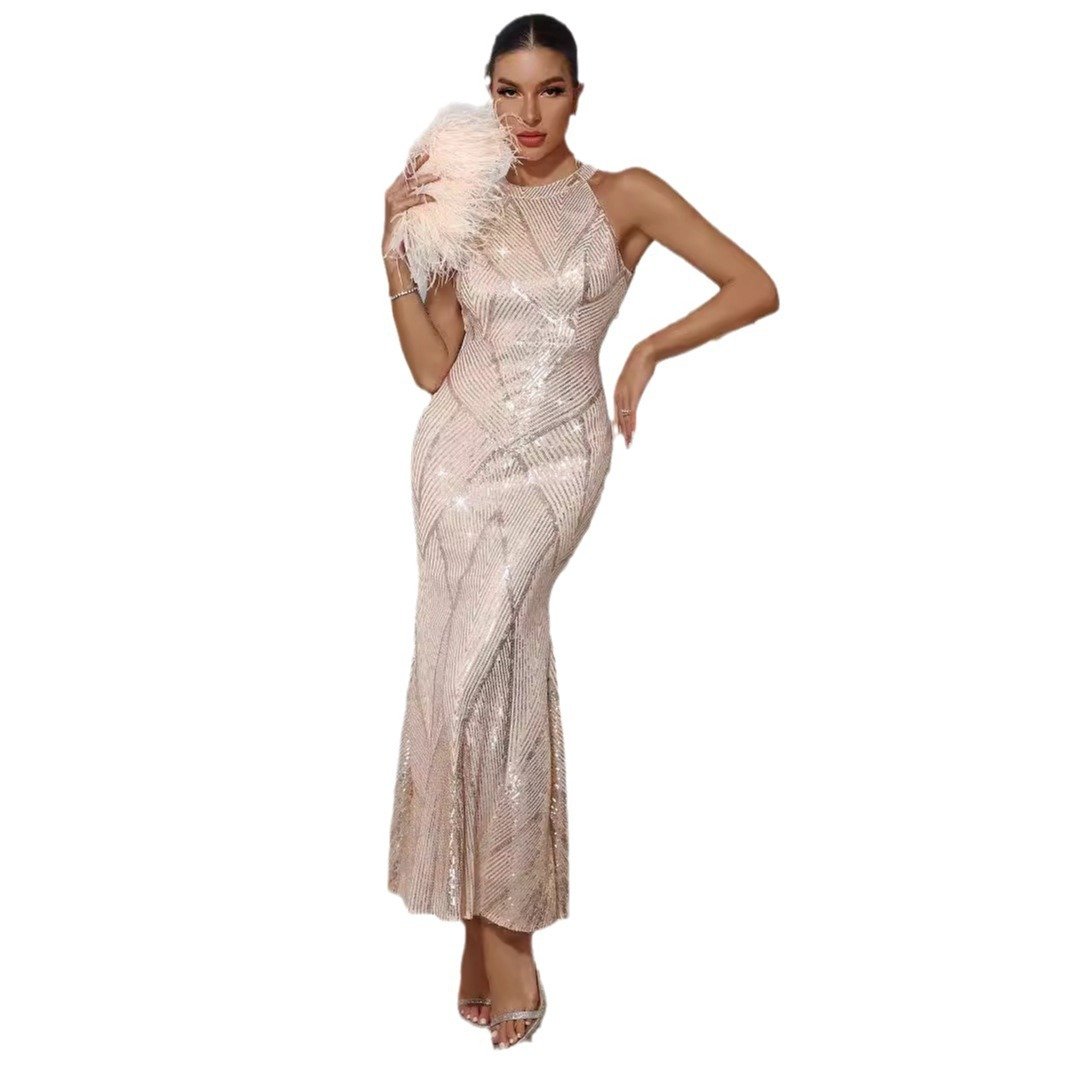 European And American Style Sexy Women's Wear Sequins Dress Round Neck Off-shoulder Backless - Image 3