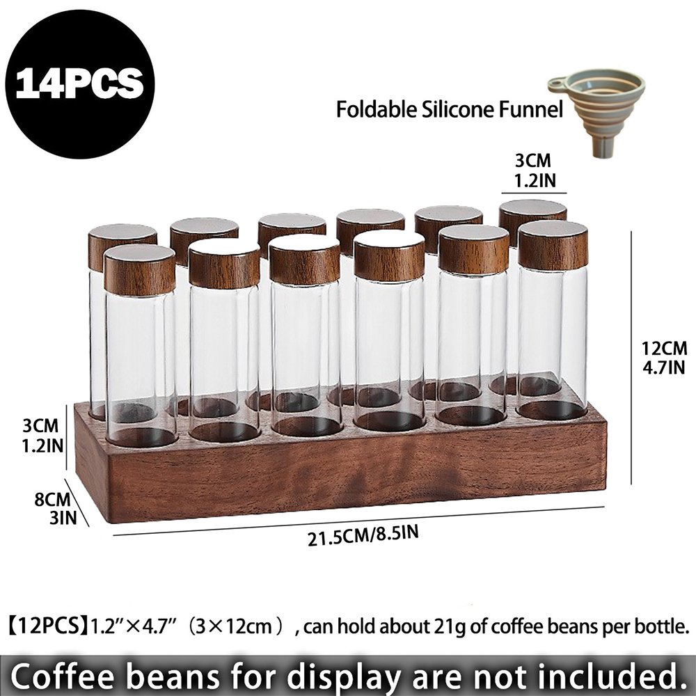 Single Dose Coffee Bean Storage 12 Tubes Multipurpose Portable Coffee Bean Container Cellar with Walnut Wood Display Stand and Funnel 2oz - Image 2