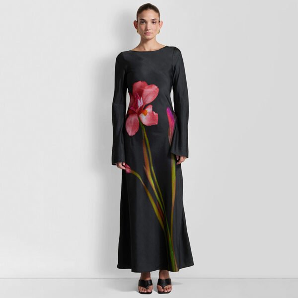 Holiday Floral Print Long Sleeve Dress Women's Clothing - Image 6