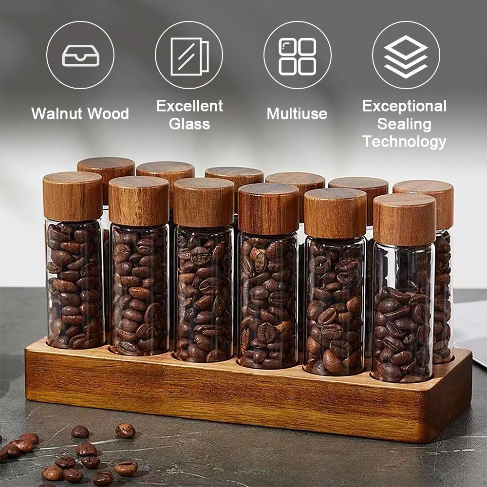 Single Dose Coffee Bean Storage 12 Tubes Multipurpose Portable Coffee Bean Container Cellar with Walnut Wood Display Stand and Funnel 2oz - Image 3