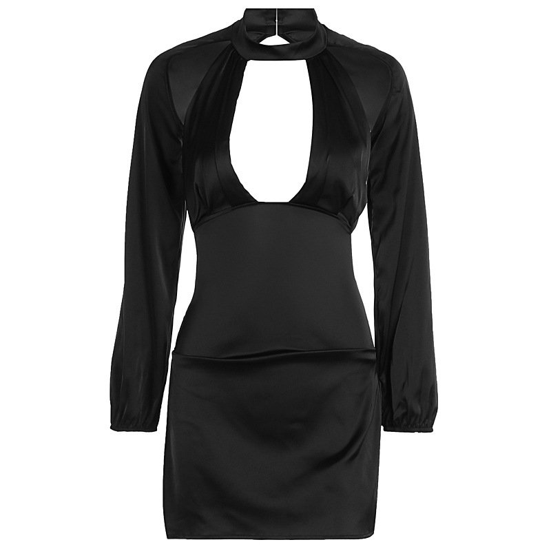 Solid Color Hollow-out Lantern Long Sleeve Dress - Image 3