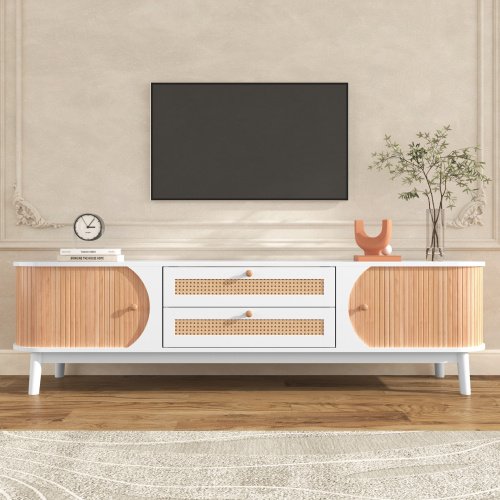 Rattan TV Stand For TVs Up To 75'', Modern Farmhouse Media Console, Entertainment Center With Solid Wood Legs, TV Cabinet For Living Room,Home Theatre - Image 4