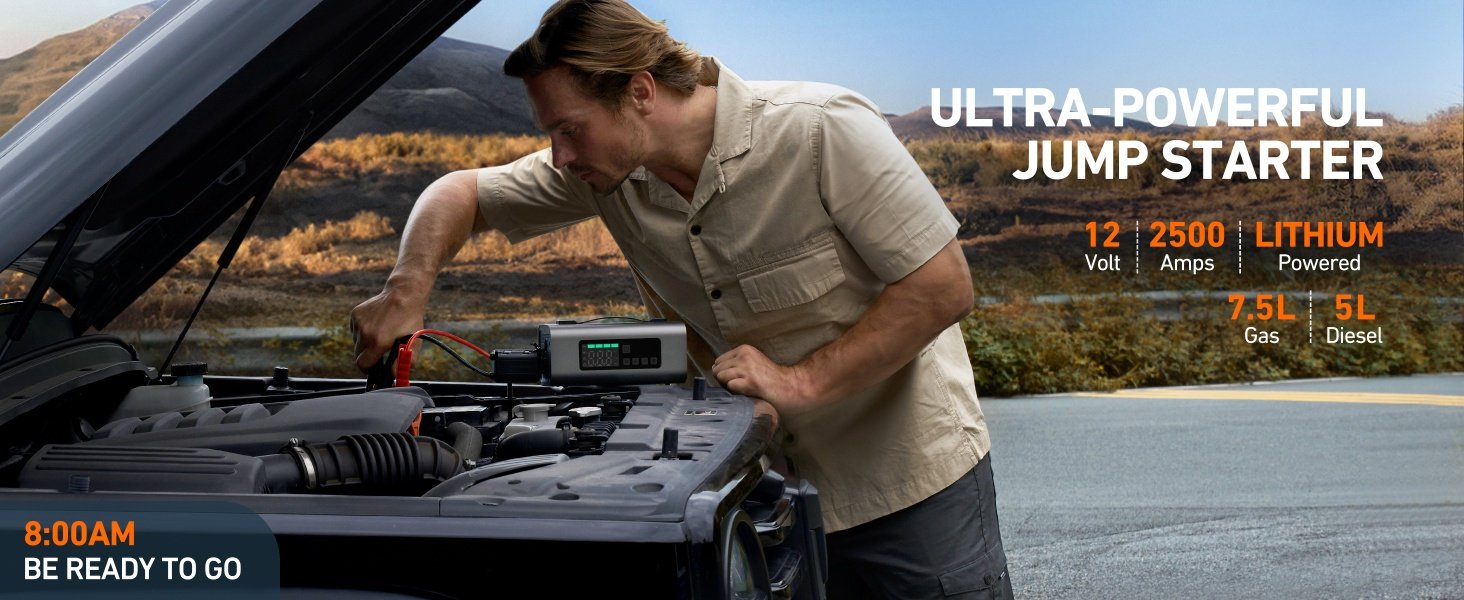 Jump Starter With Air Compressor And Air Pump, 2500A Battery Jump Starter With 150PSI Tire Inflator, Up To 7.5L Gas 5.0L Diesel Engine, 2 LED Screen For Car Tires, Air Mattress, Inflatables - Image 5