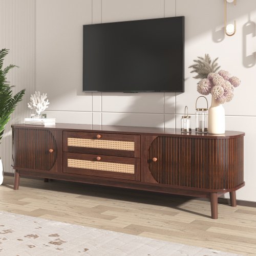 Rattan TV Stand For TVs Up To 75'', Modern Farmhouse Media Console, Entertainment Center With Solid Wood Legs, TV Cabinet For Living Room,Home Theatre - Image 3