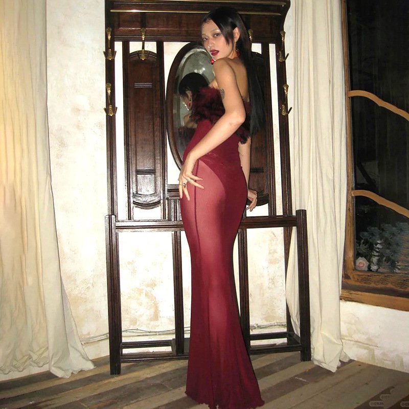 Fur Collar Mesh Stitching Tube Top Party Sexy Dress - Image 2